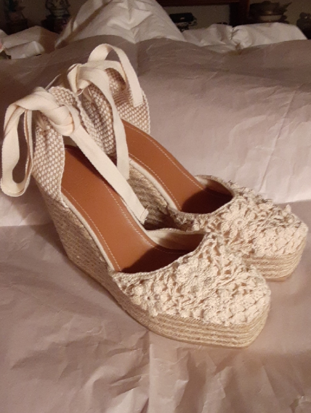 Polo by Ralph Lauren Cream Crochet Espadrille Wedge Sandals with Ankle Tie Sz 10
